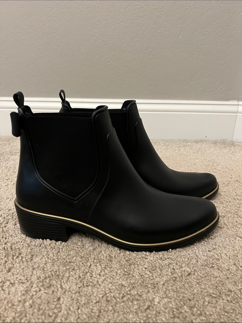 Kate Spade Black Rubber Chelsea Ankle Boots with Gold Trim